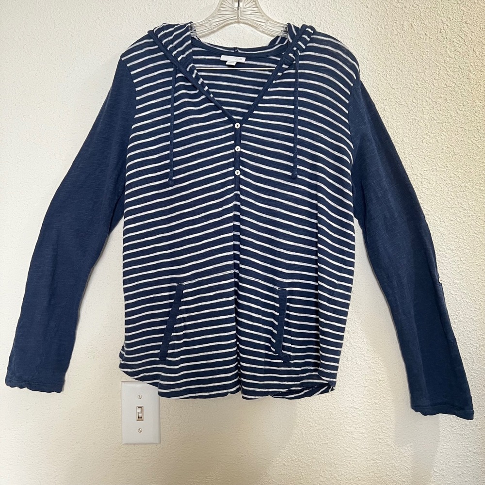 J. Jill Striped Linen Cotton Henley Hoodie Navy White Roll Tab Sleeve Small - Picture 7 of 14
